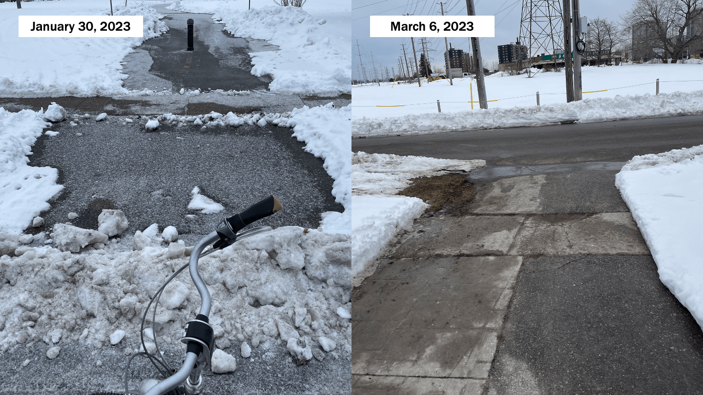 Collage of two photos. The first, dated January 30, 2023 shows a trail entrance from Marcos Blvd with a windrow blocking the ramp onto the trail from the road. the second, dated March 6, 2023 shows the same area, but with the connection completely cleared of snow.